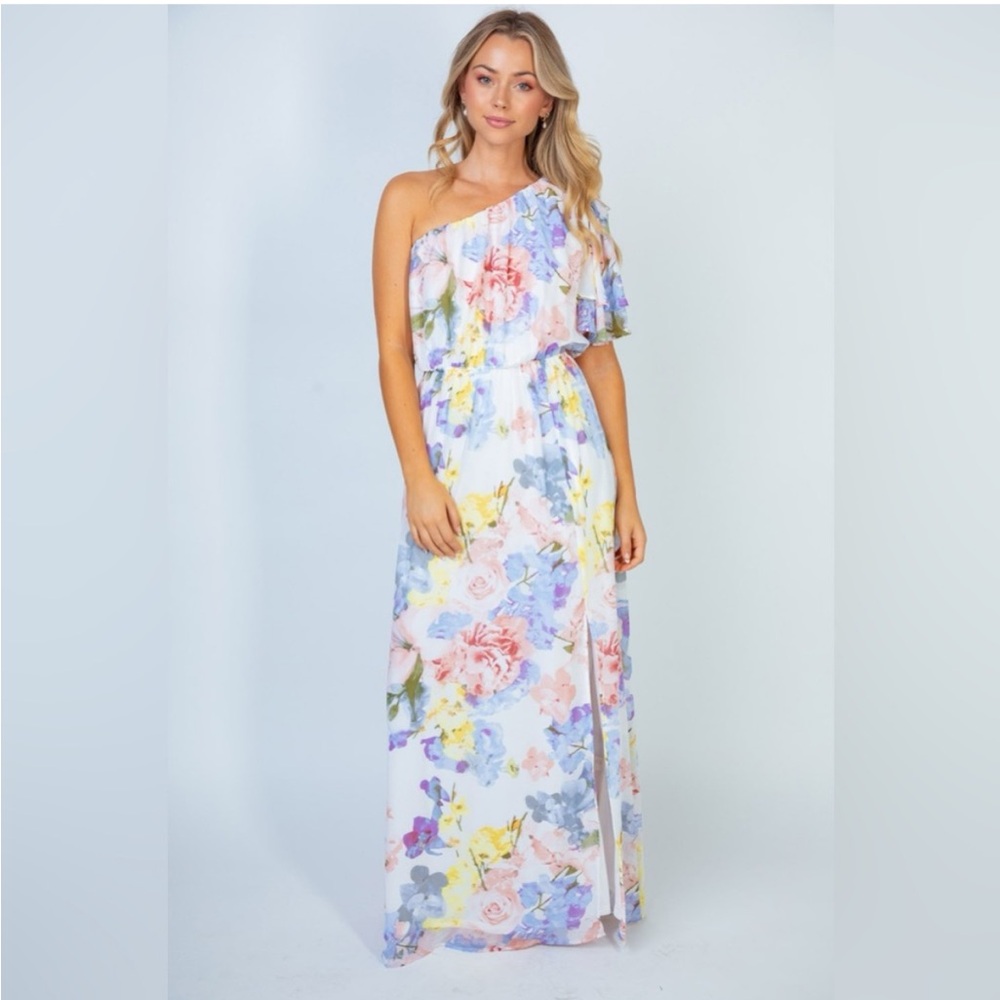 White Birch Garden Diva Pastel Floral One-Shoulder Maxi Dress S - Picture 5 of 5
